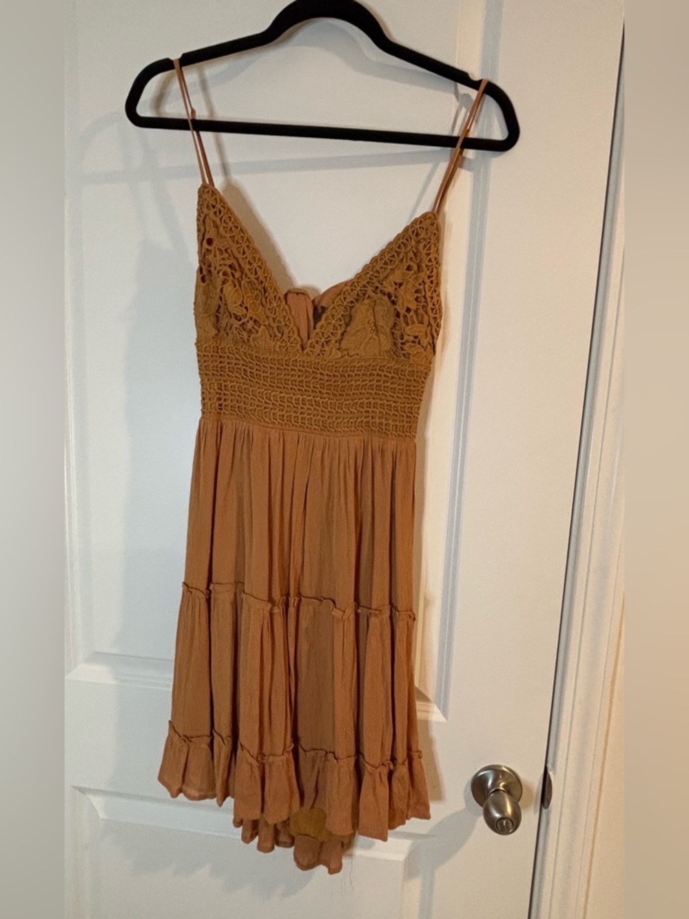 ILLA ILLA Crochet Bodice Tiered Mini Dress in Camel